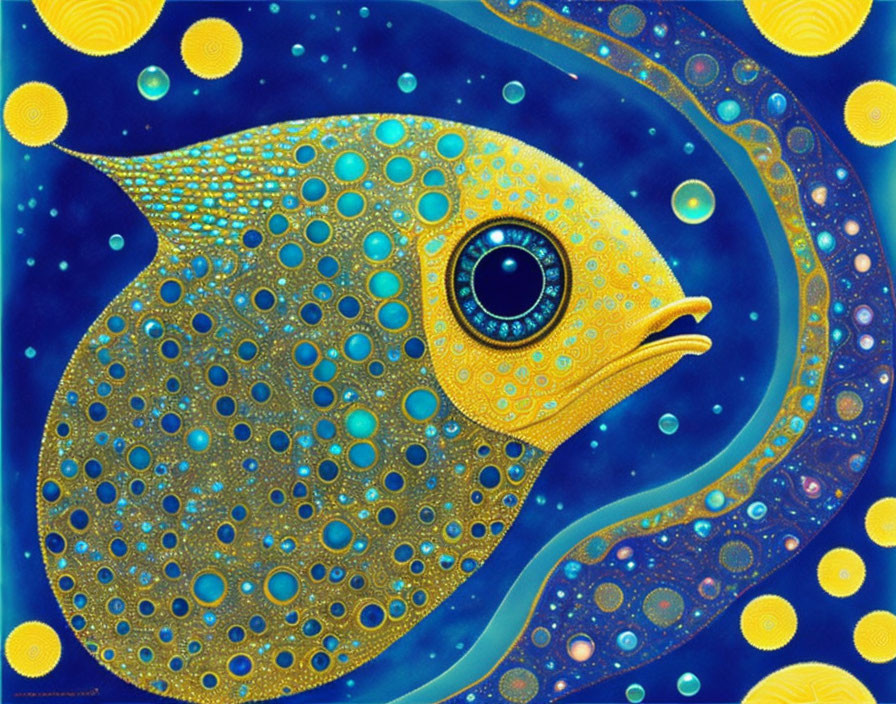 Colorful fish illustration with intricate patterns and large eye on blue background.