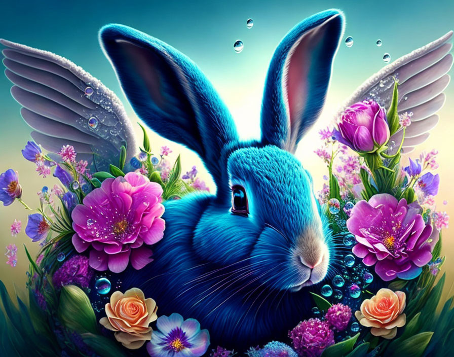 Whimsical blue rabbit with transparent wings in colorful floral scene