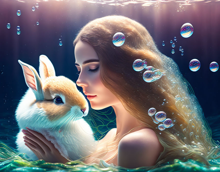 Woman holding rabbit in dreamy underwater scene with magical bubbles