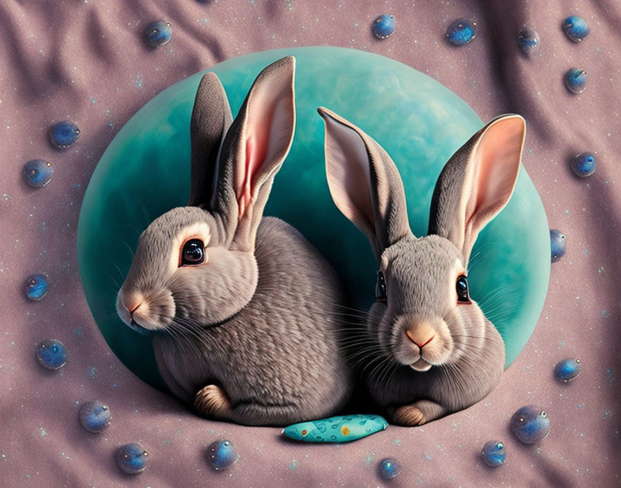 Stylized rabbits with prominent ears in front of surreal turquoise orb on mauve background