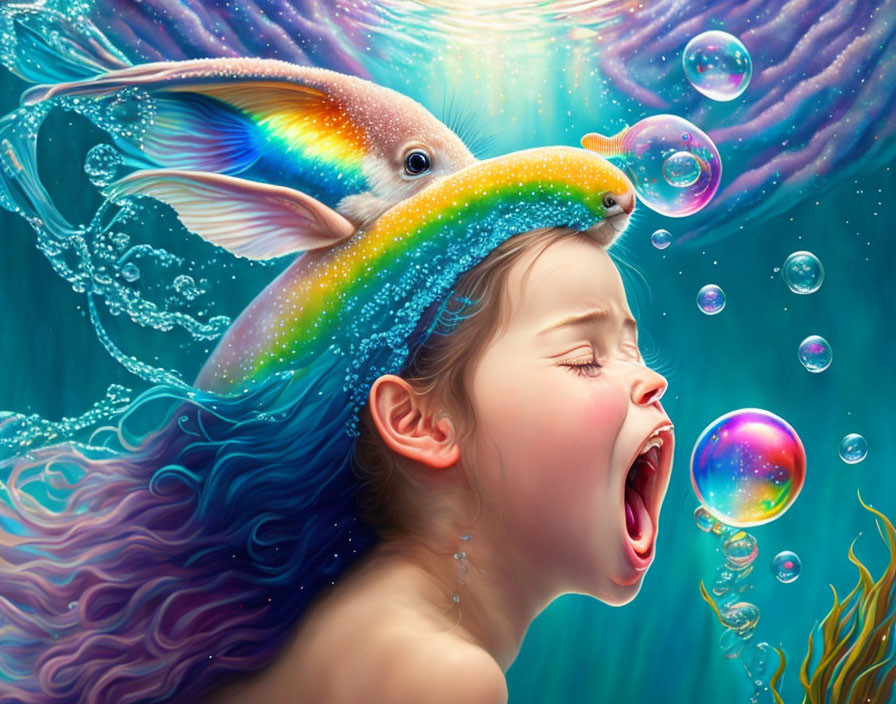 Vibrant underwater illustration with girl, fish, bubbles, and light effects