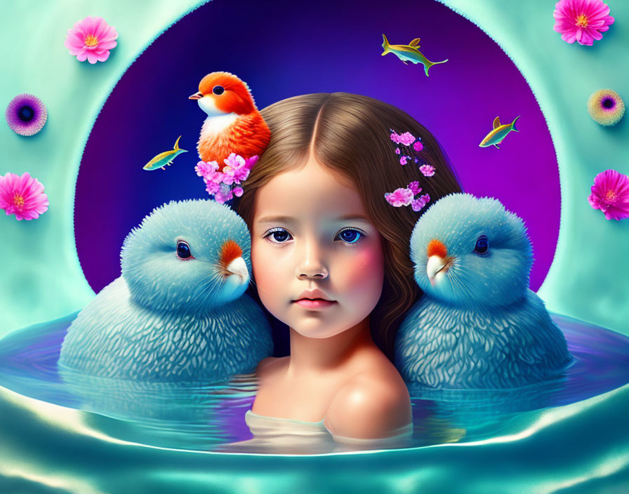 Surreal illustration of girl's face in water with birds and flowers