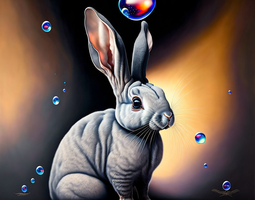 Realistic grey rabbit illustration with iridescent soap bubbles on dark background