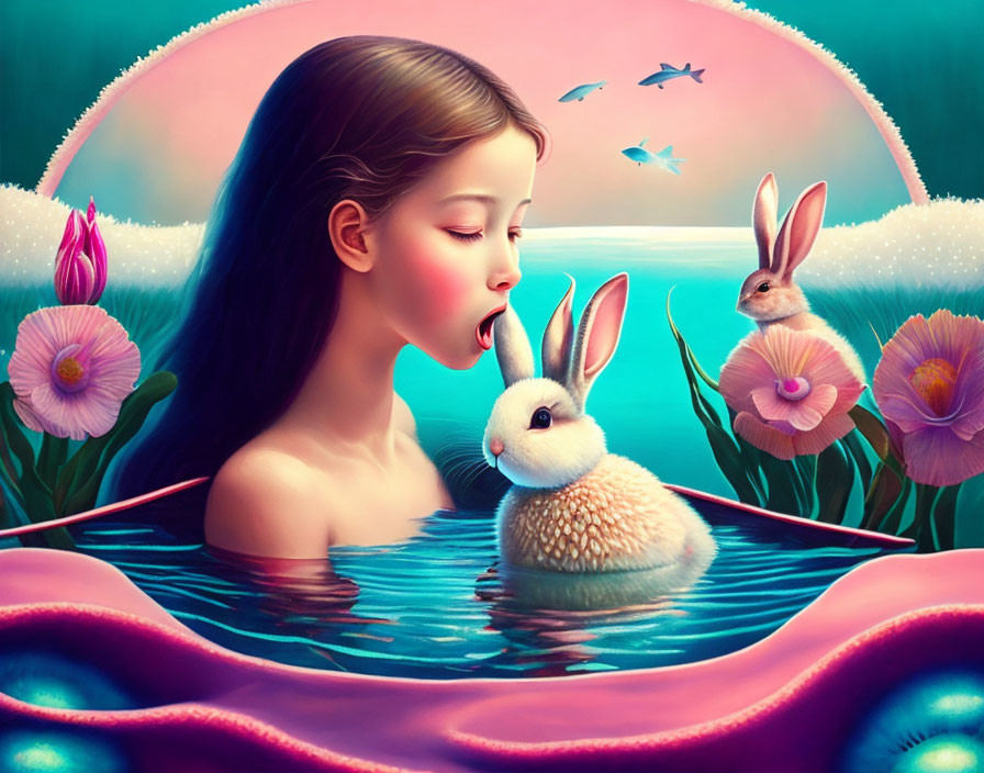 Whimsical girl with rabbit on leaf in surreal pond surrounded by flowers and birds