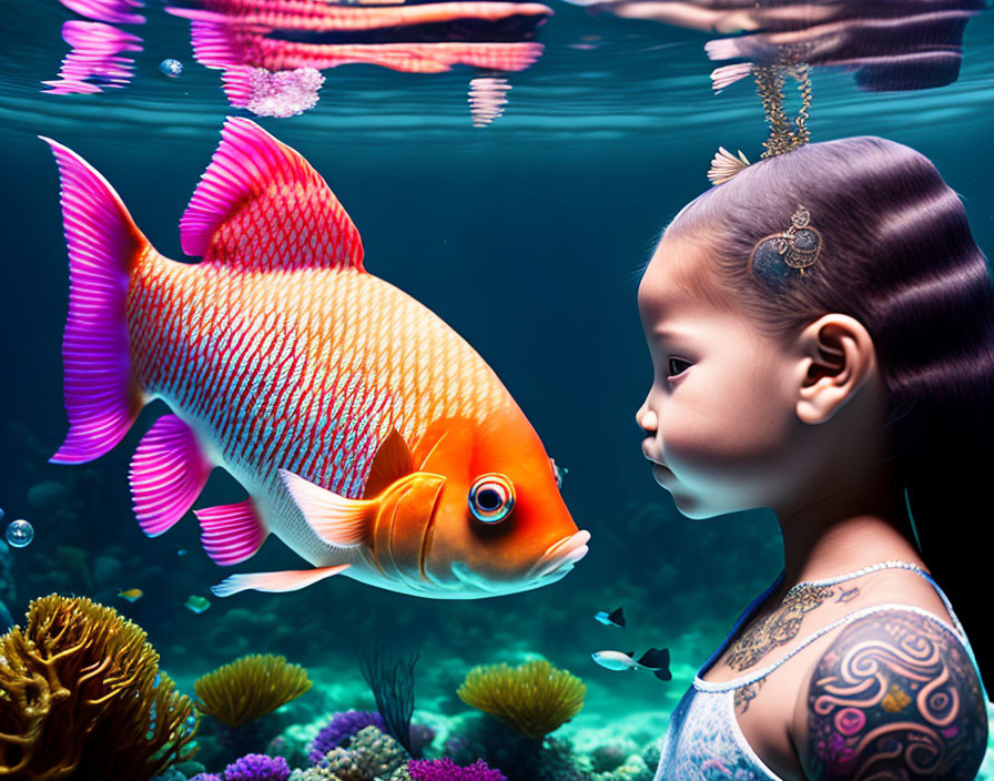 Young girl with tattoos meets colorful fish in vibrant underwater scene