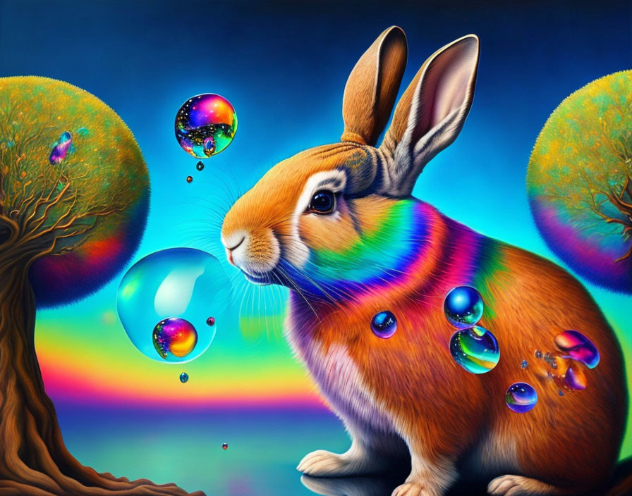 Colorful Rabbit in Surreal Landscape with Floating Bubbles