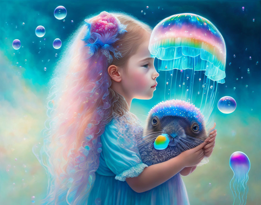 Colorful-haired girl with jellyfish-parrot creature in dreamy landscape