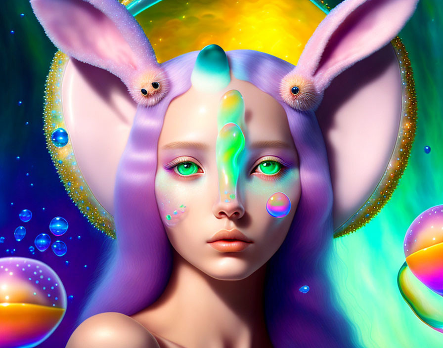 Fantasy portrait of female figure with bunny ears and multicolored skin