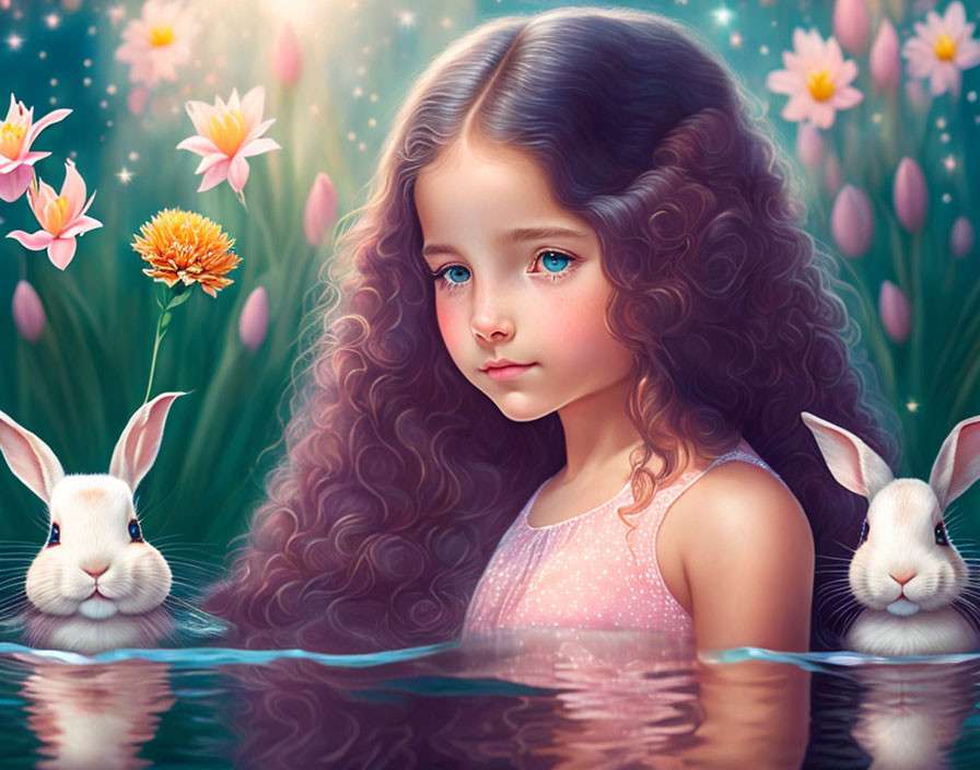 Curly-Haired Girl with Rabbits, Flowers, and Water