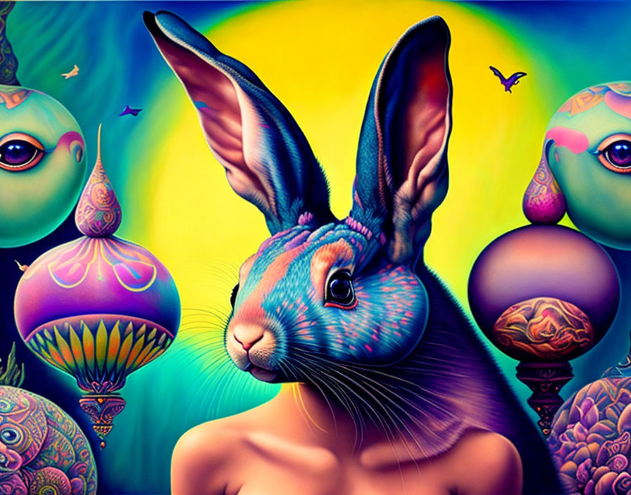 Colorful surreal illustration: Blue rabbit with orbs and butterfly