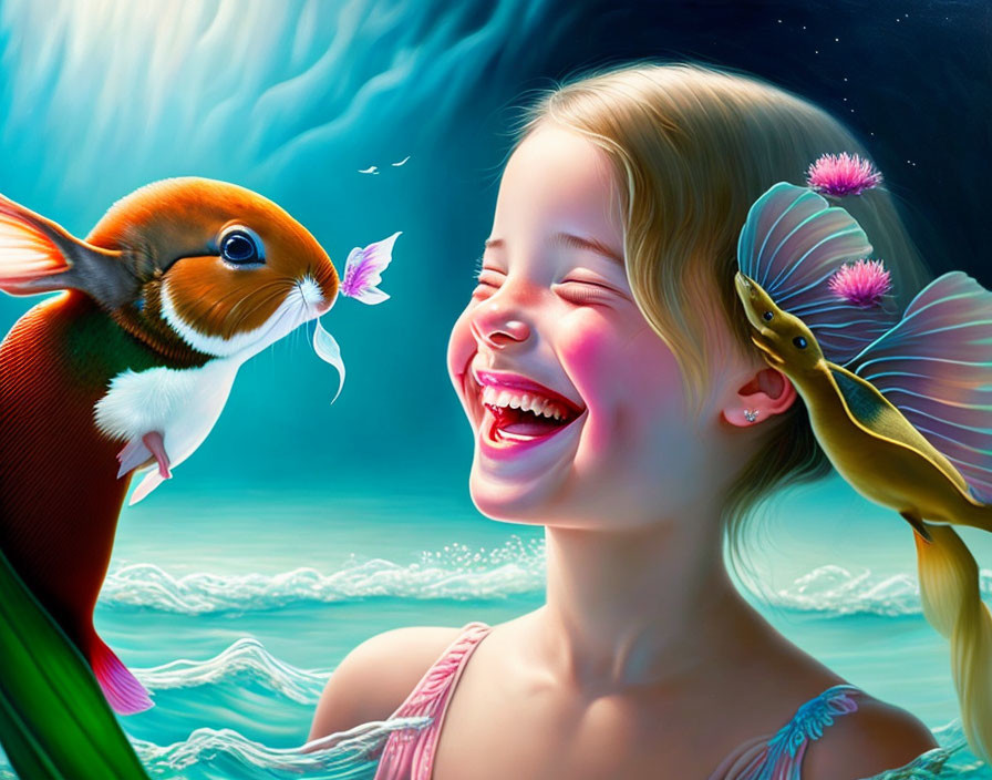 Smiling girl in pink dress with colorful fishes in whimsical ocean