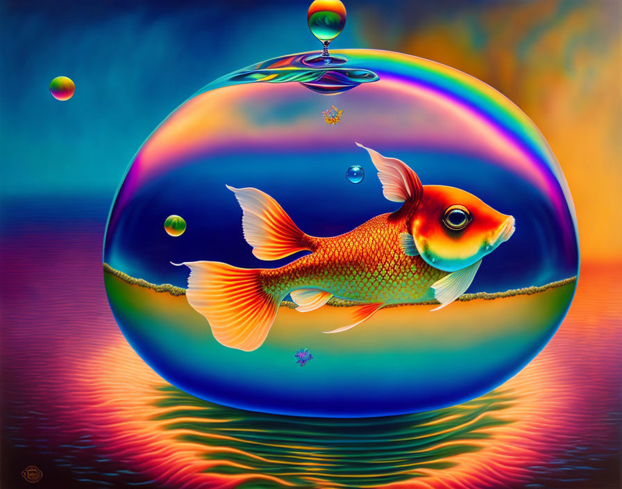 Colorful goldfish in translucent bubble with vibrant backdrop