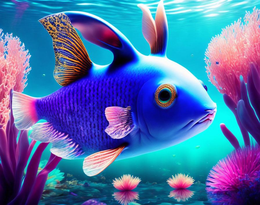 Colorful digital illustration of a blue fish among vibrant coral reef