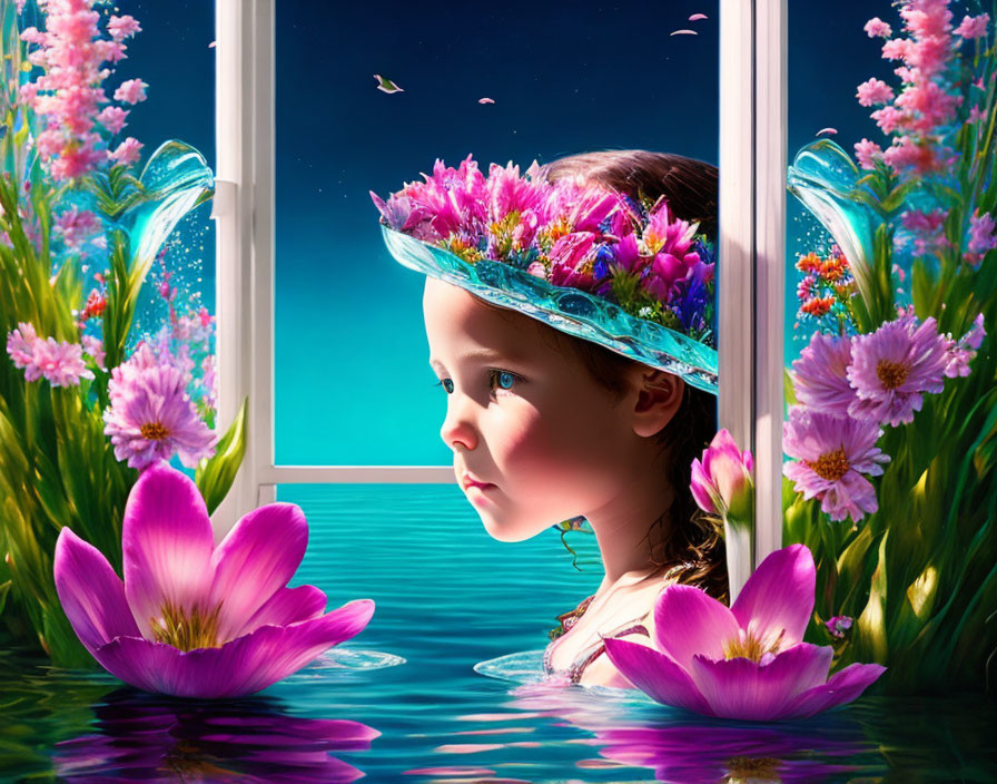 Child with Flower Crown Looking out Window Surrounded by Flowers and Water