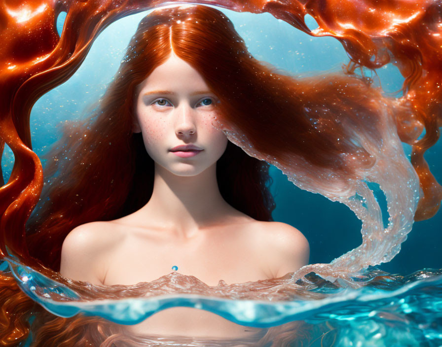 Red-haired woman submerged underwater with surreal water splash halo.