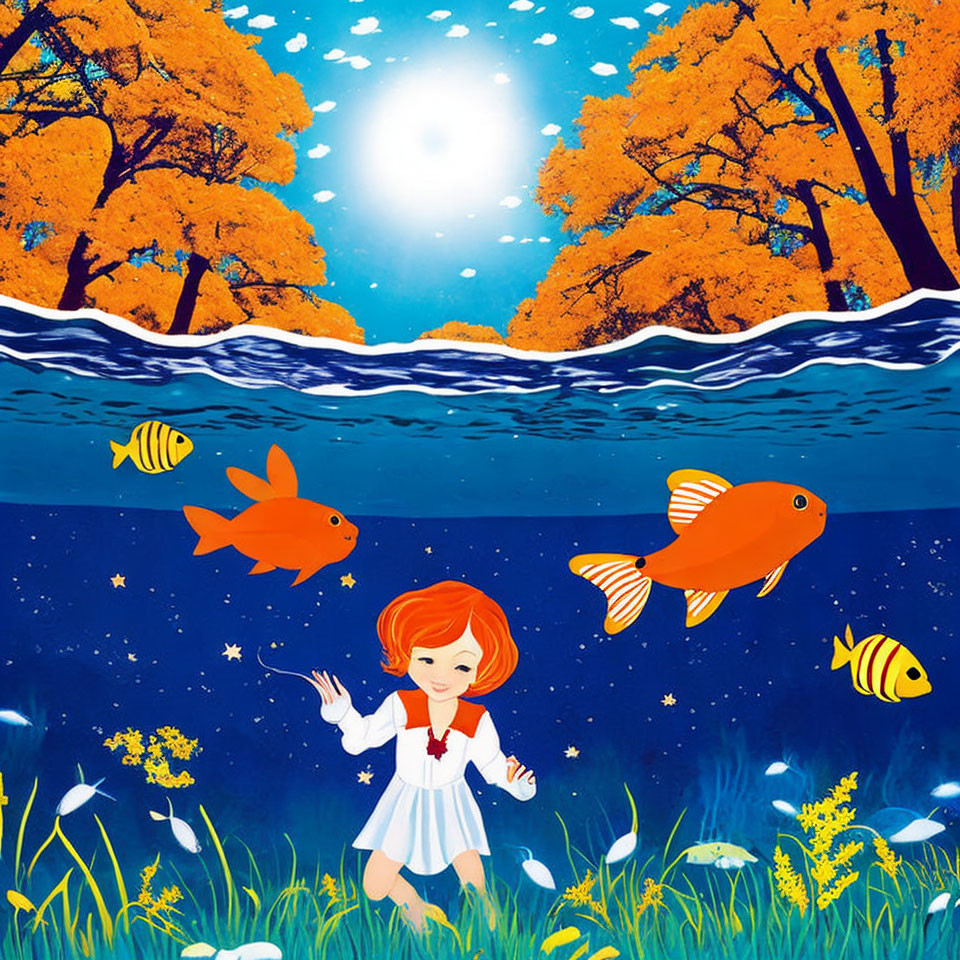 Red-haired girl underwater surrounded by colorful fish and autumn trees.