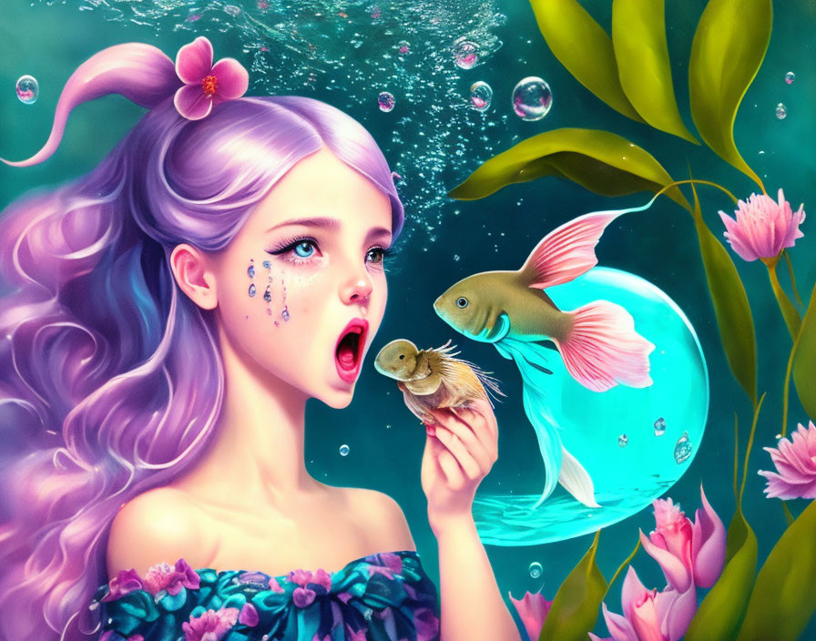 Whimsical artwork of girl with lilac hair and goldfish in aquatic scene