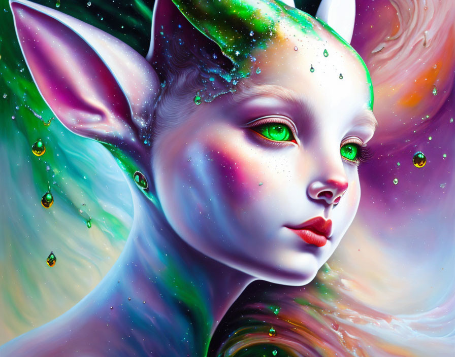 Fantastical portrait of creature with unicorn horn and elf-like features