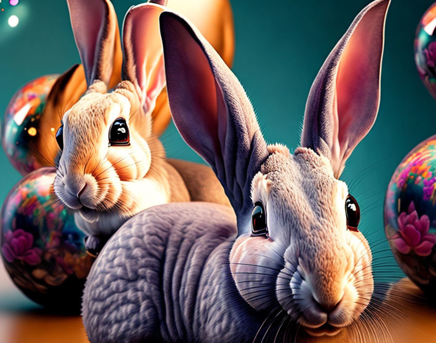 Stylized digital rabbits with large eyes and colorful ornate bubbles on teal background