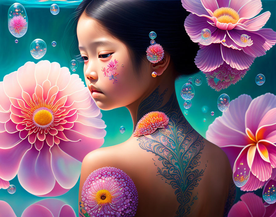 Digital artwork: Girl with floral tattoos and pink flowers in bubbles on teal background