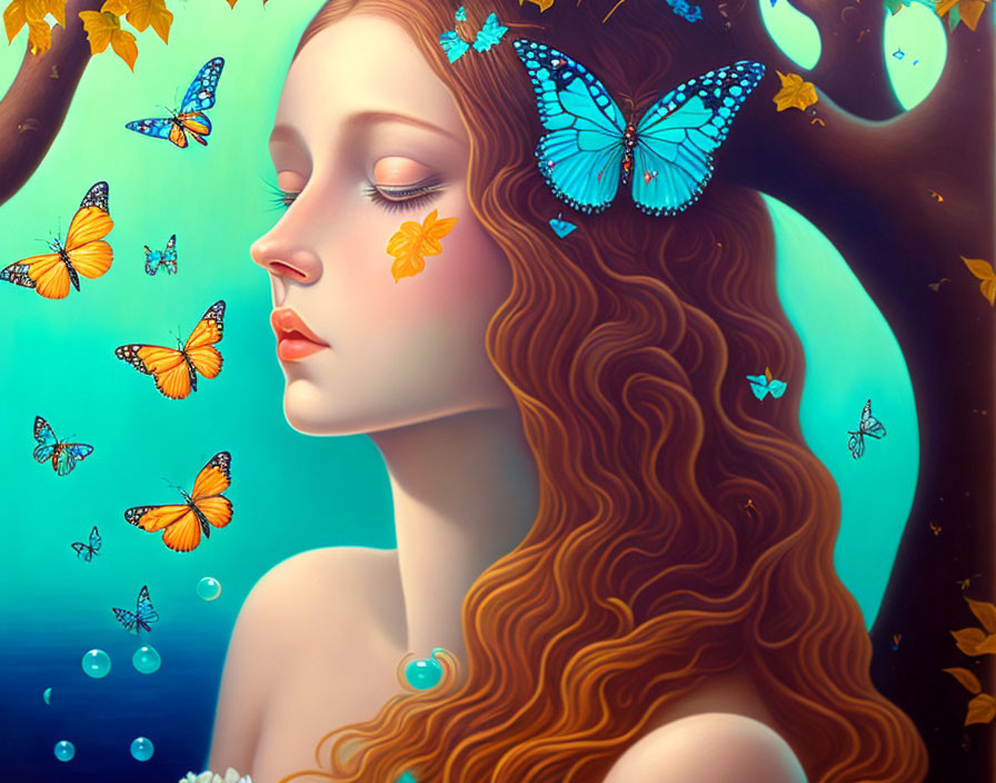 Woman with tree branches for hair and butterflies in blue-green dreamscape