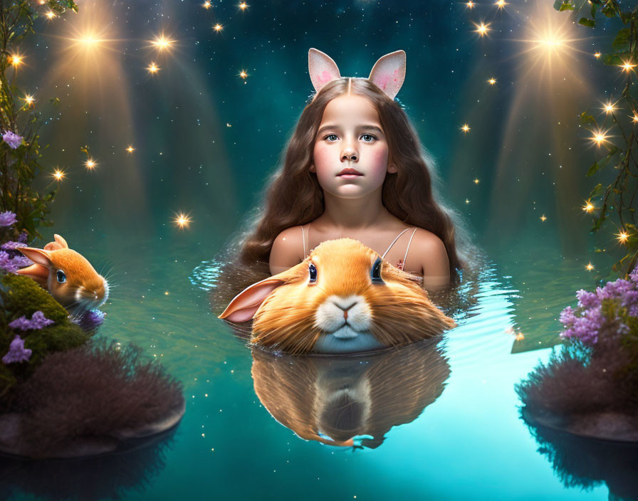 Young girl with bunny ears in whimsical water scene with rabbit and flowers