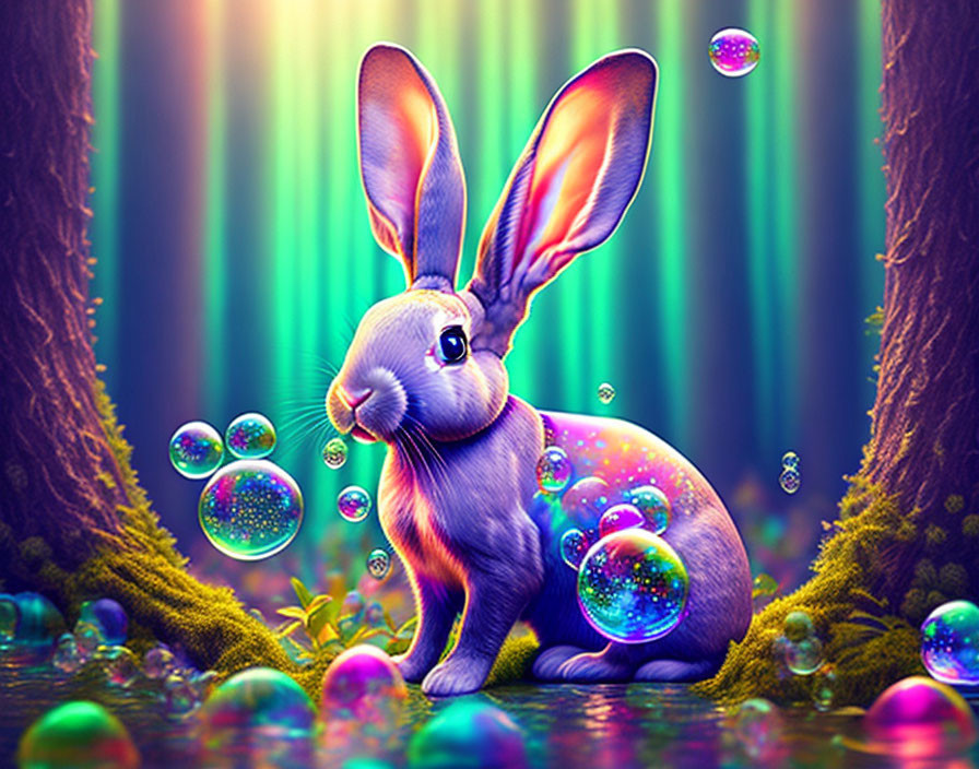 Colorful digital artwork: Large-eared rabbit in enchanted forest with iridescent bubbles