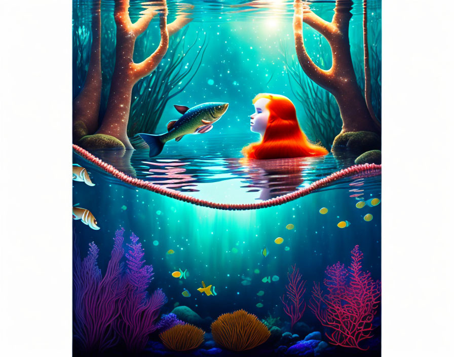 Redhead woman in surreal underwater scene with fish and vivid flora