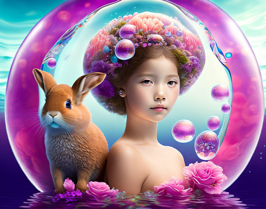 Digital artwork: Girl in floral hat in bubble with rabbit among pink flowers and bubbles on blue background