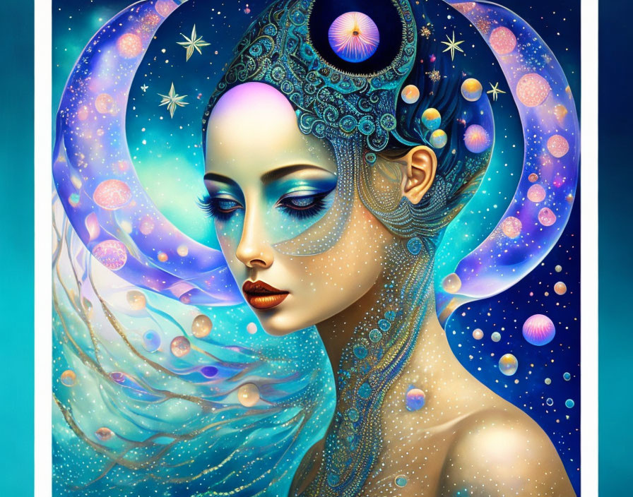 Digital Artwork: Woman with Cosmic Features and Blue Skin