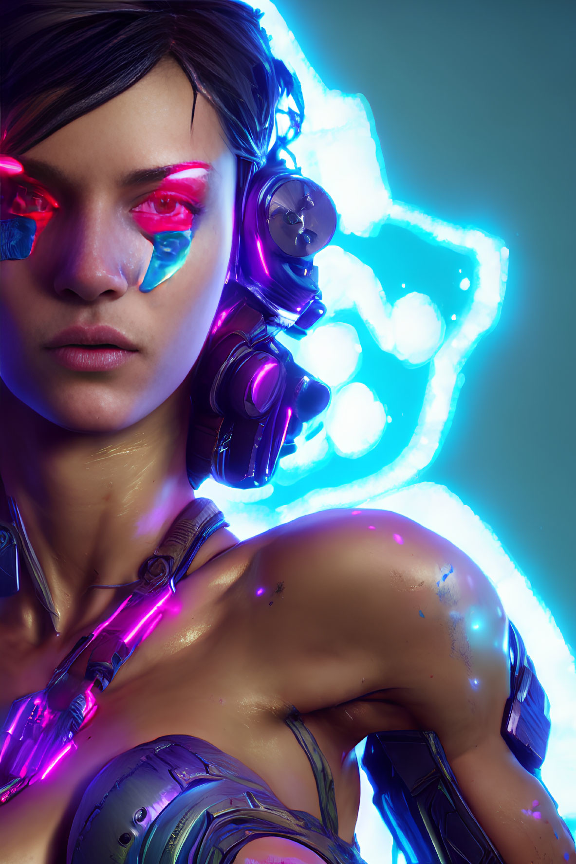 Futuristic woman with neon face paint and cybernetic enhancements