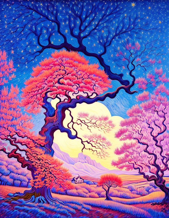 Colorful painting of split scenery with seasonal tree under starry sky