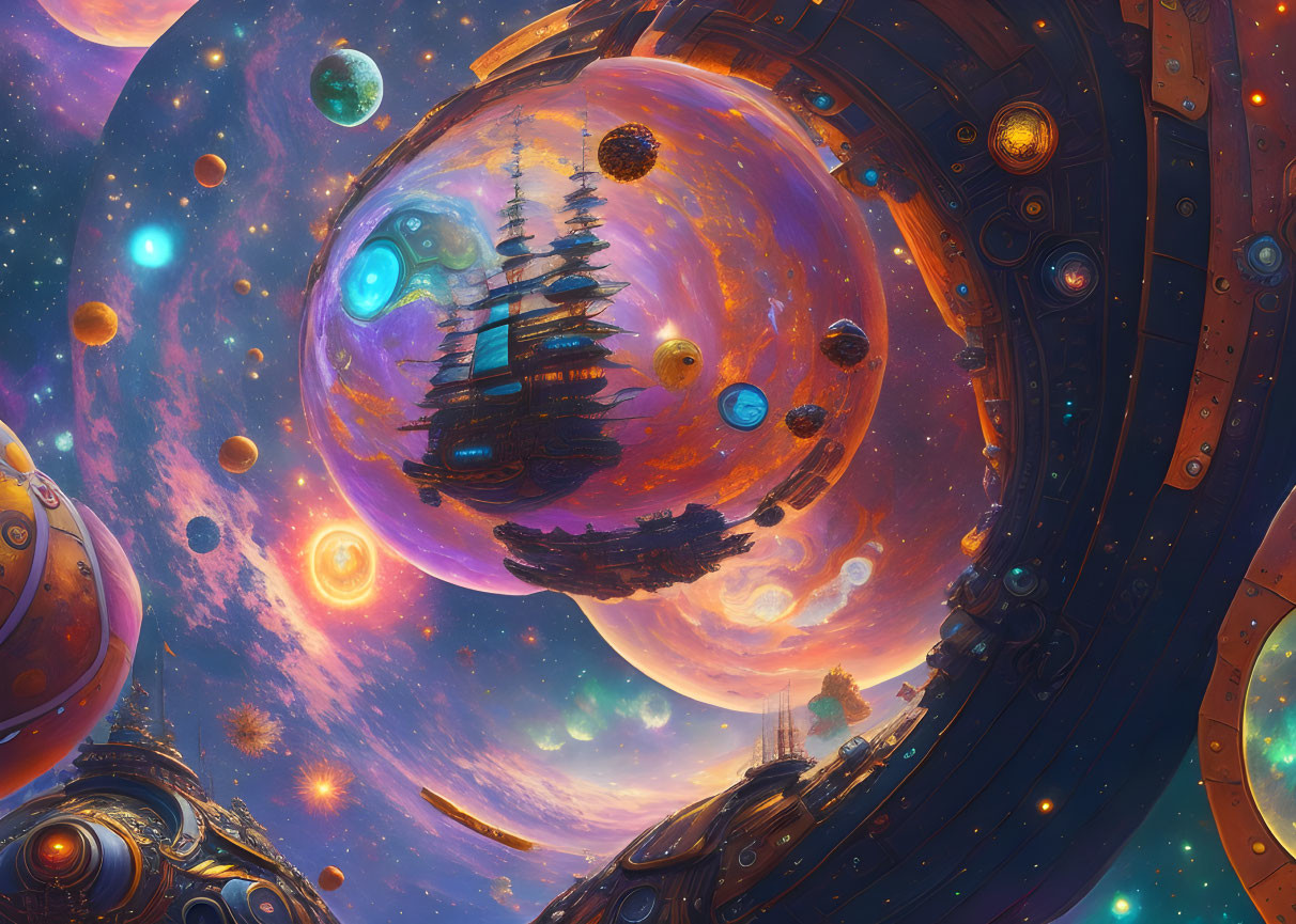 Colorful cosmic scene with sailing ship among fantastical planets and stars