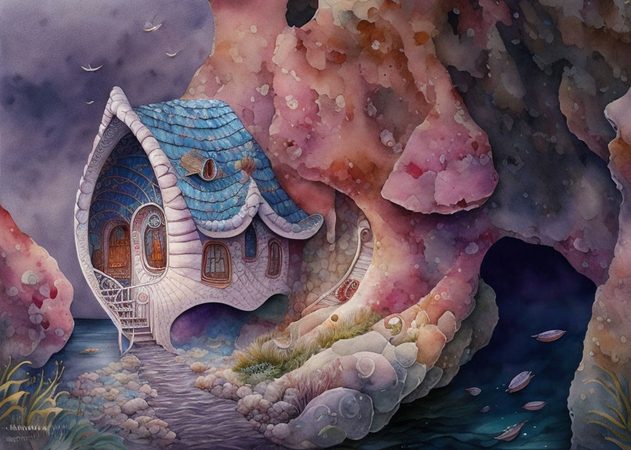 Whimsical shoe-shaped house in pink cloud landscape