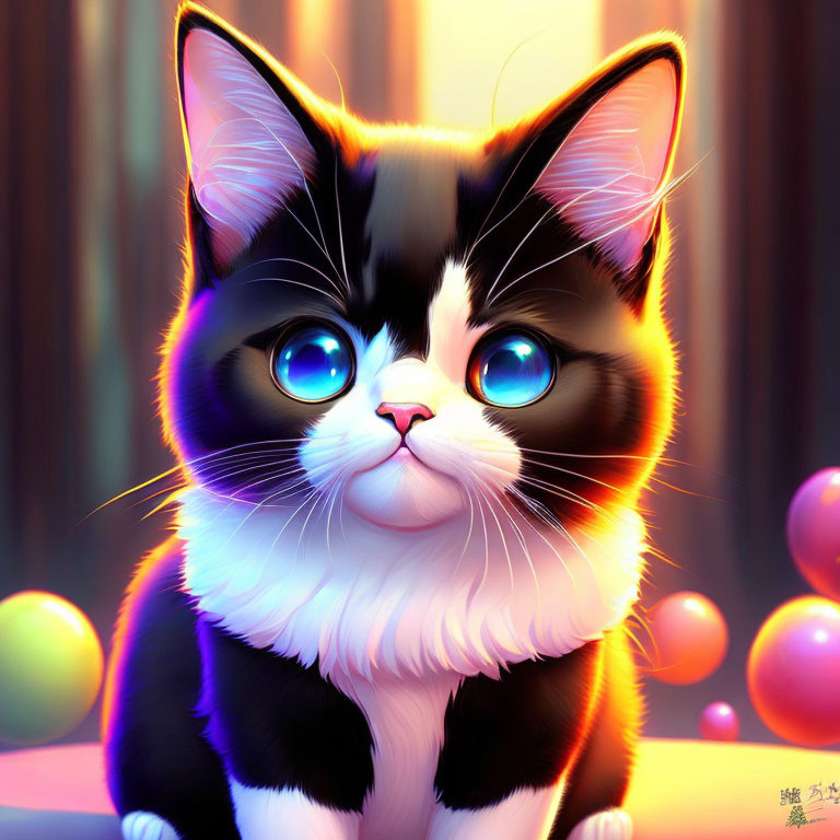 Cartoon black and white cat with vibrant blue eyes on colorful background