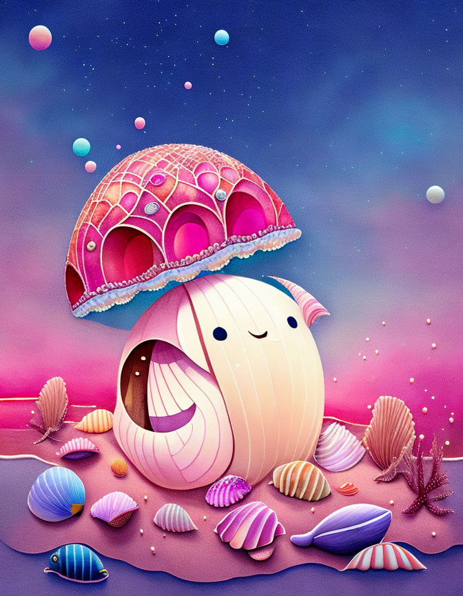 Colorful Illustration of Cute Creature with Pink Shell House