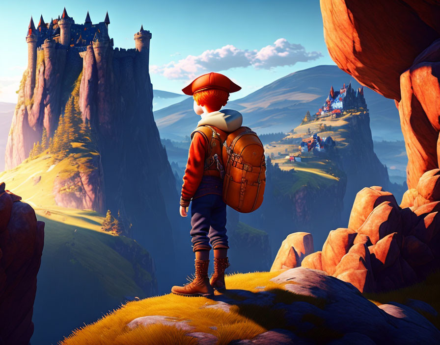 Character in red hat gazes at distant castles on cliffs