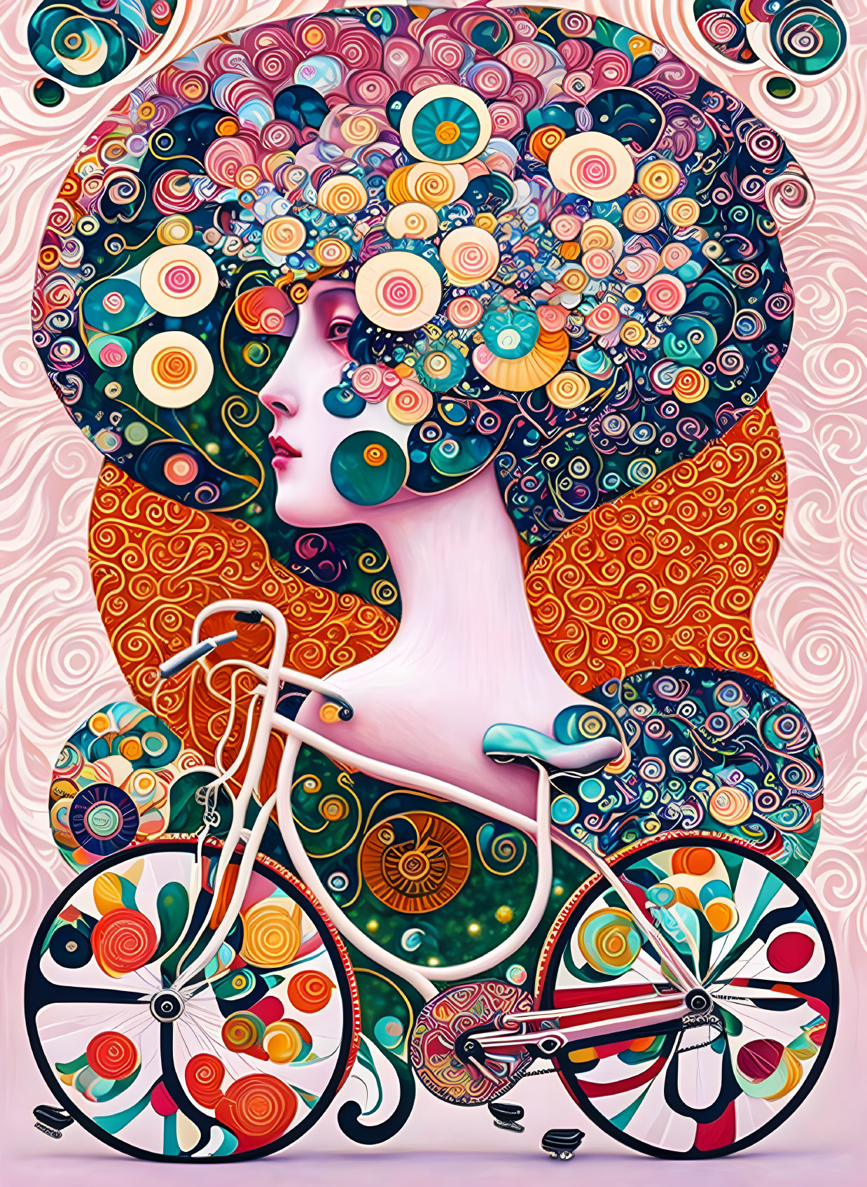 Stylized illustration of woman with floral hair and bicycle on patterned background