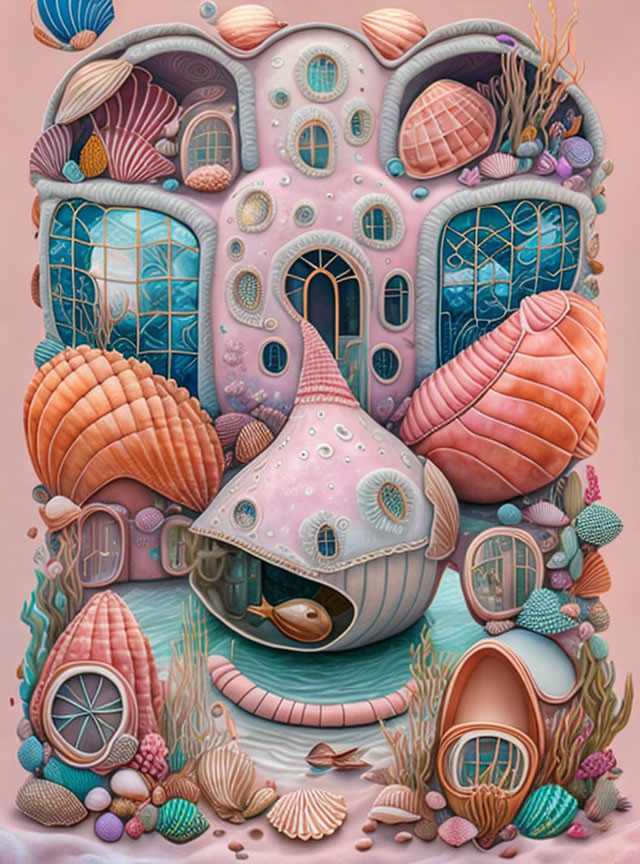 Whimsical Sea-Shell-Themed Building with Pastel Palette