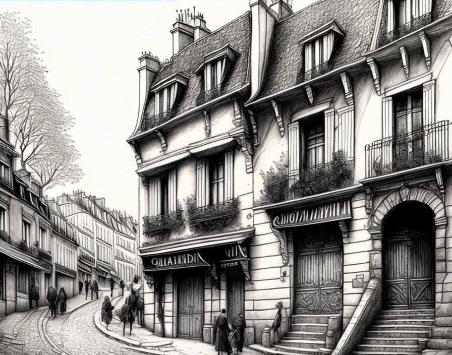 Detailed Black and White Drawing of Quaint European Street with Classic Buildings and People