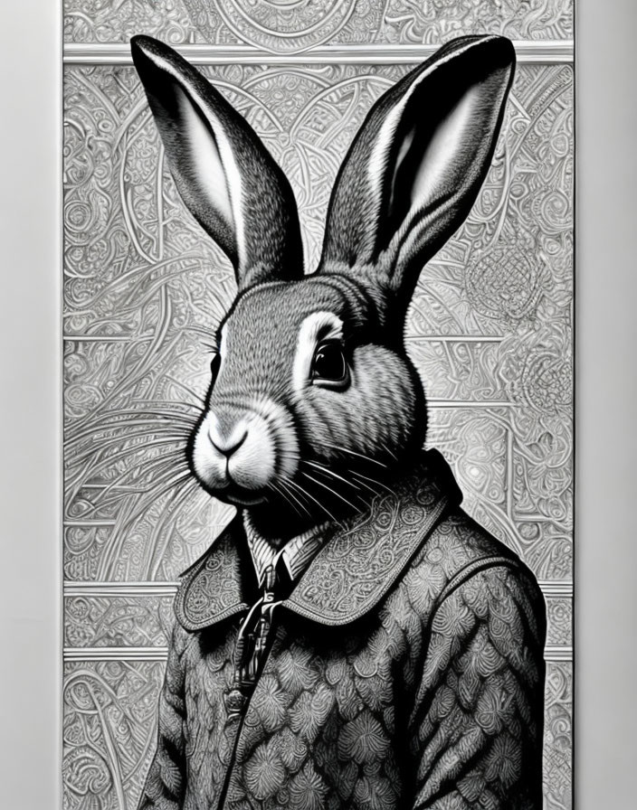 Detailed illustration of rabbit with human-like features in patterned jacket on ornate background