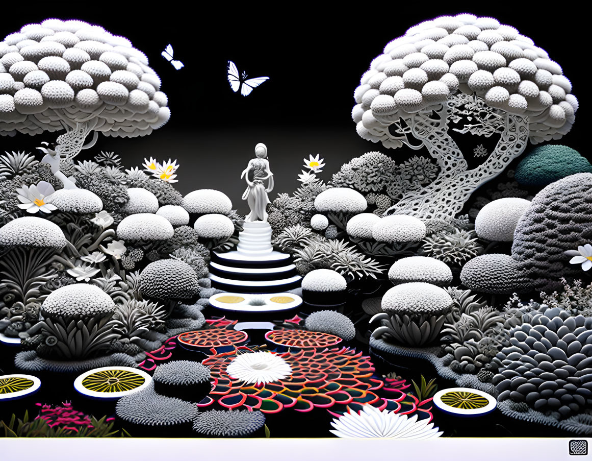 Monochrome 3D art: Surreal garden with stylized trees, flora, and central figure