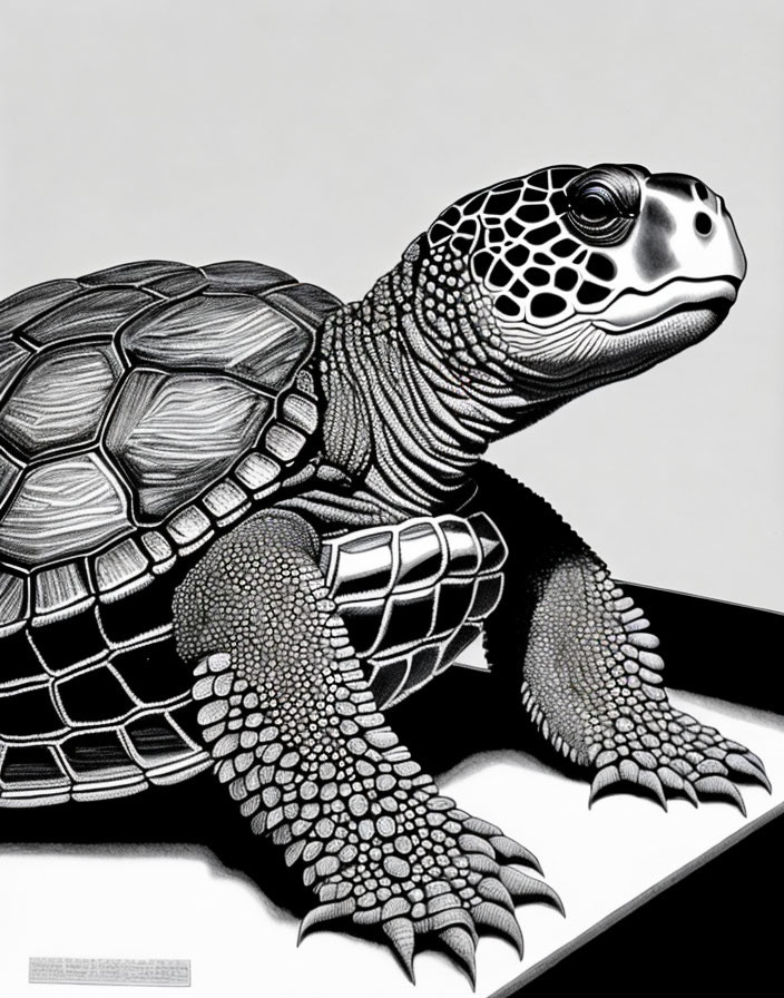 Detailed Black and White Turtle Drawing with Intricate Shell Patterns