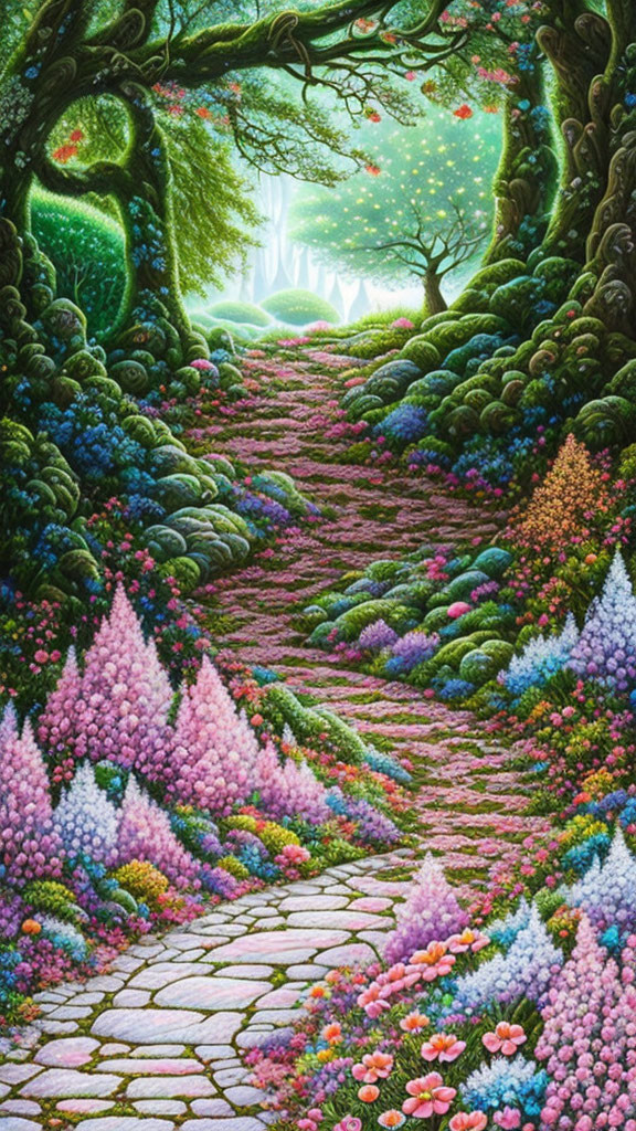 Colorful Flower-Lined Fantasy Path to Enchanted Forest