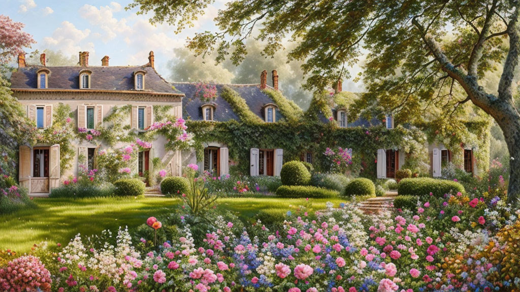 Tranquil country house with lush gardens and vibrant flowers