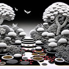 Monochrome 3D art: Surreal garden with stylized trees, flora, and central figure