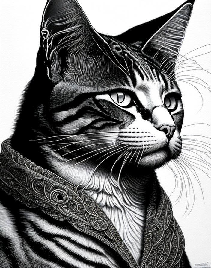 Detailed black and white cat drawing with intricate patterns and decorative collar