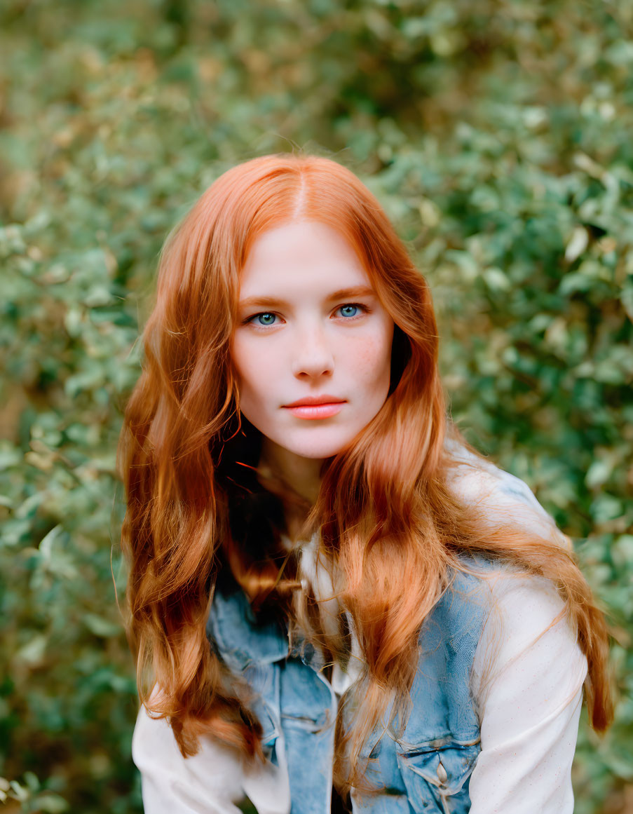 Red-haired woman in denim vest against green leafy backdrop