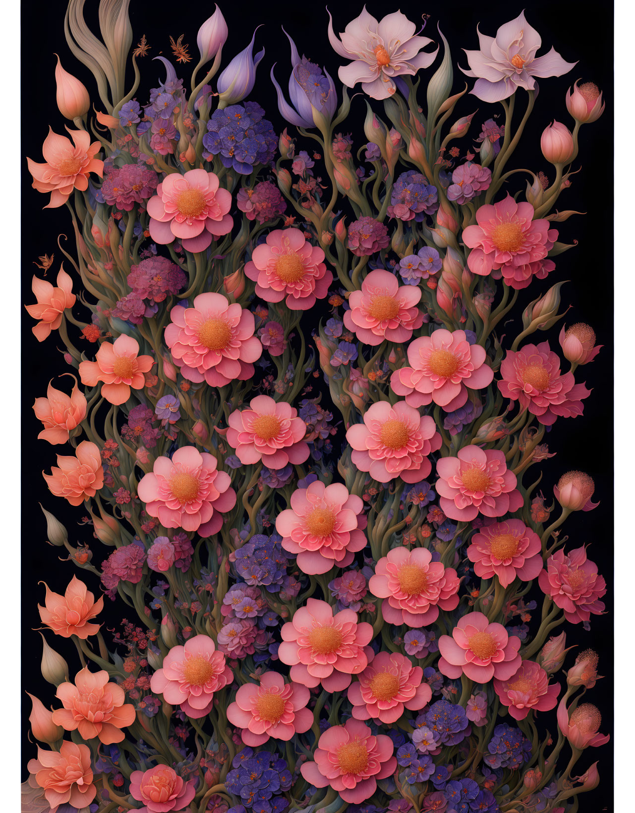 Colorful bouquet of pink, peach, and violet flowers on dark backdrop