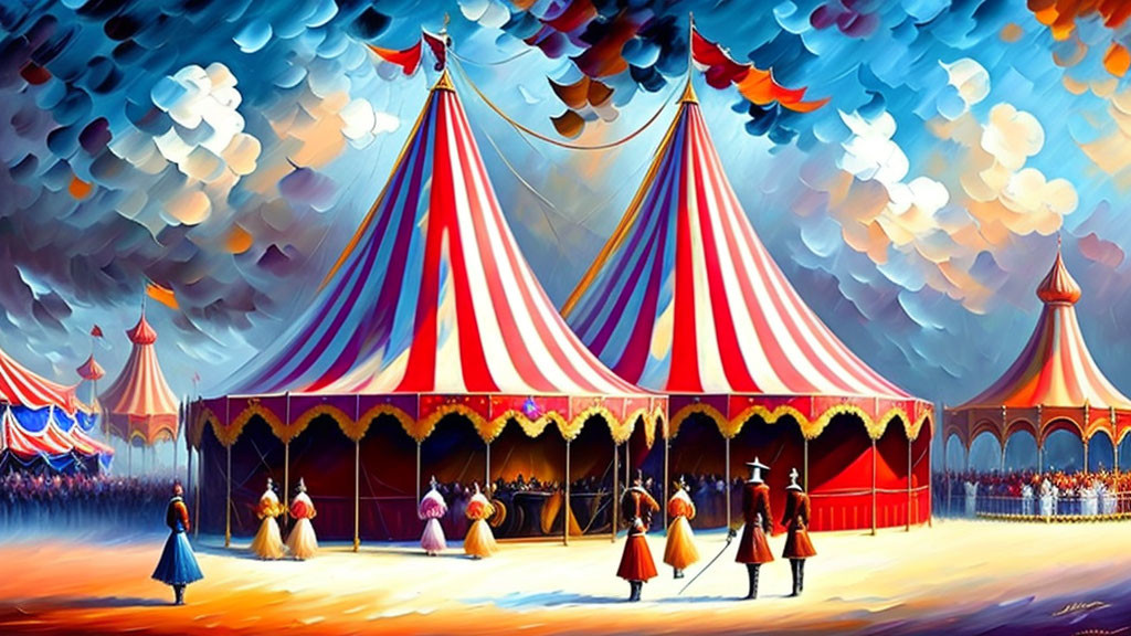 Vibrant circus painting with bustling tents and vintage attire under cloudy sky